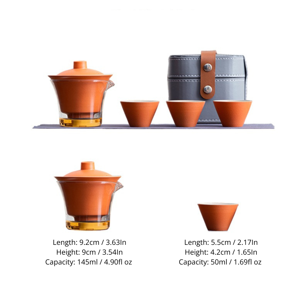Tea set with teapot, cups, and carrying case on a white background