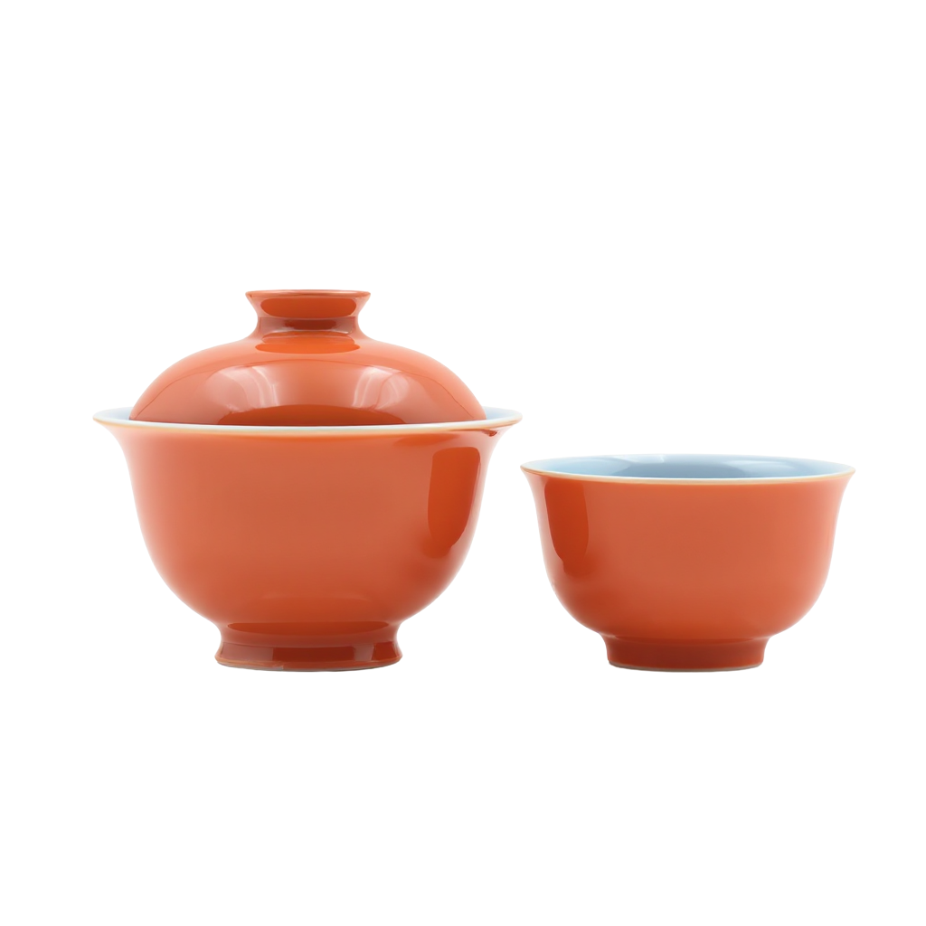 Sunset Orange & Sky Blue Chinese Tea Set | Jingdezhen Porcelain Gaiwan & Tea Cup Set for Gongfu Brewing 1 - Tea & Leaf