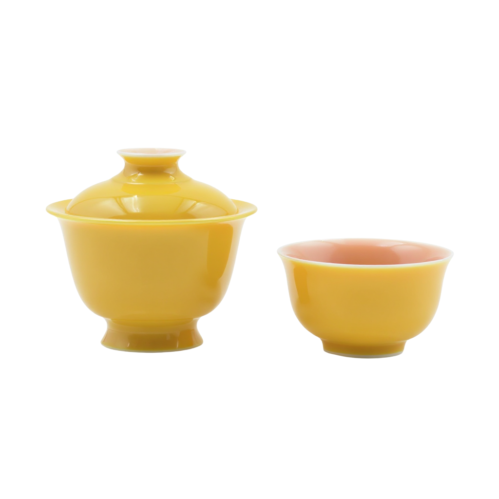 Imperial Yellow Chinese Tea Set | Jingdezhen Porcelain Gaiwan & Tea Cup Set for Gongfu Brewing 1- Tea & Leaf