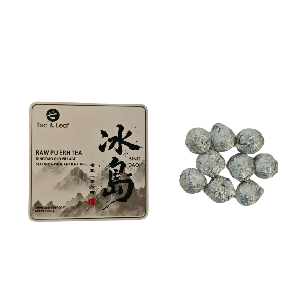 Tea & Leaf 2024 Spring Bingdao Old Village Second Grade Ancient Tree Raw Pu-erh Tea in tin box — premium Sheng Pu-erh with floral honey aroma, smooth and sweet taste, 9 × 5g tea balls, Yunnan origin.