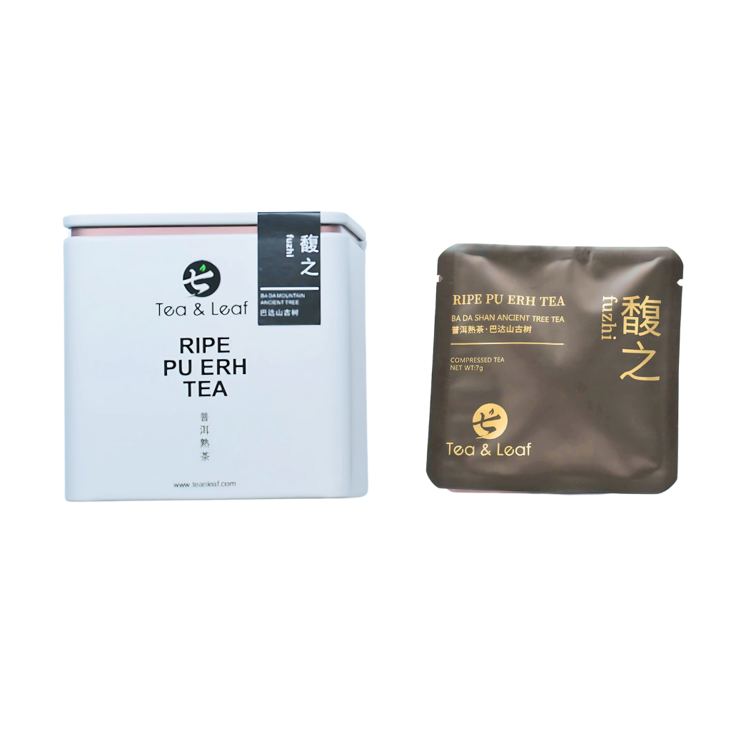 Tea & Leaf Fuzhi Ripe Pu-erh Tea from Ba Da Shan Ancient Tree, Yunnan – premium aged compressed tea mini cake (7g) in elegant black and white packaging. Rich, smooth fermented Chinese tea with earthy aroma and deep mellow flavor
