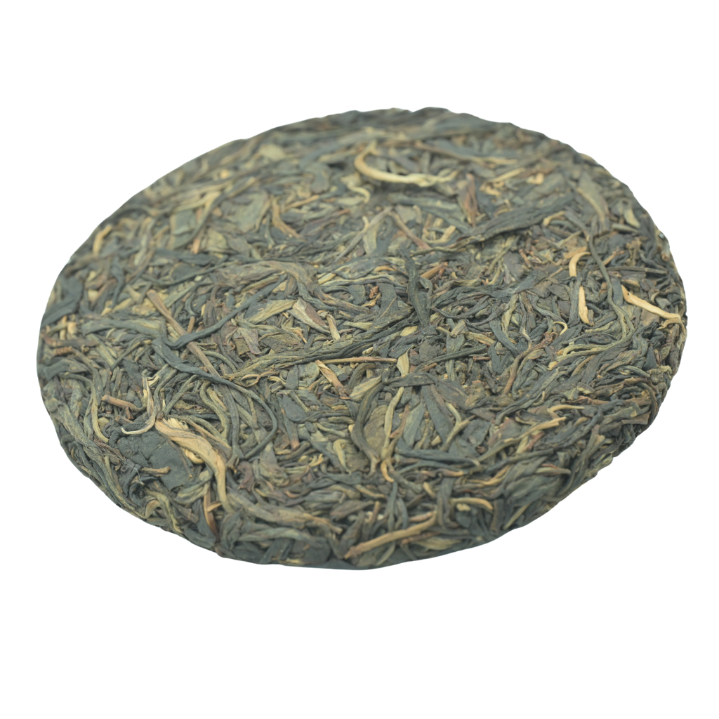 Tea & Leaf 2019 Bingdao Old Village Single Ancient Tree Raw Pu-erh Tea Cake 150g – close-up of compressed Yunnan sheng Pu-erh with aged floral honey aroma.