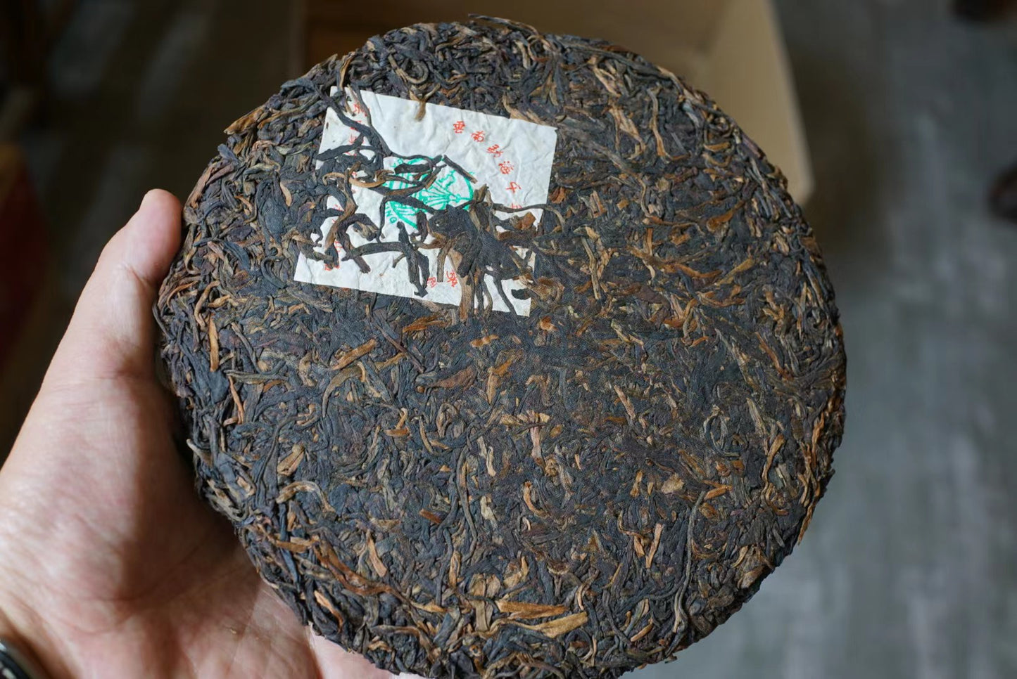 Holding vintage 2002 Millennium Arbor Ancient Tree raw Pu-erh tea cake from Ban Zhang, Liming Tea Factory — unwrapped round compressed tea with Ba Jiao Ting neifei label – Tea & Leaf.